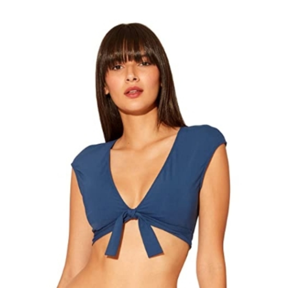 Bleu Rod Beattie Navy Tie-Front Cap Sleeve Swim Top